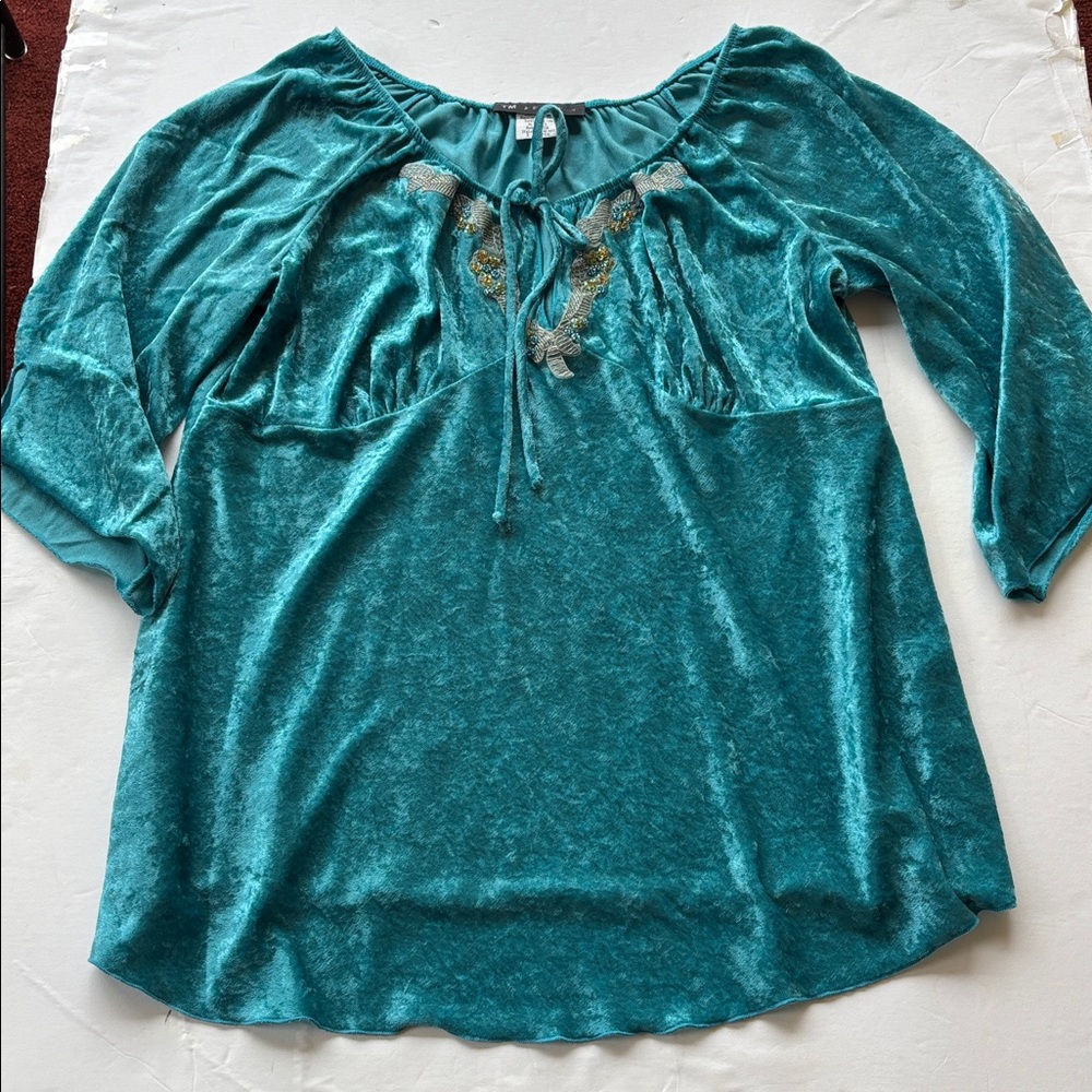 Vintage Y2K New Teal Velvet XL Fairy Peasant Blouse Top Beaded Embroidered - Picture 3 of 17
